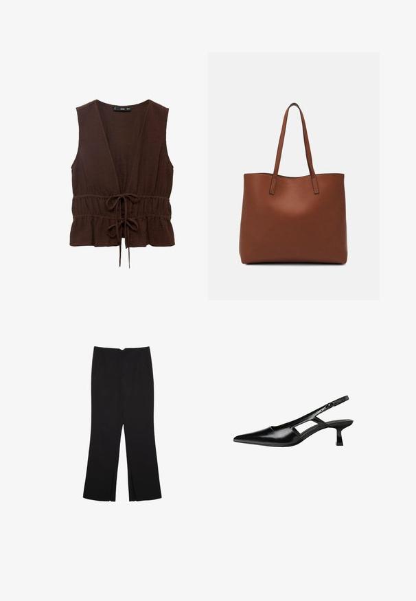 Brown, sleeveless top made from textured fabric, featuring a deep V-neck, cinched waist with a tie, and a ruffled hemline.; Black trousers with a straight fit, featuring front pockets and side slits at the hem. Made of soft, smooth fabric. Suitable for various occasions.; Black patent leather slingback heels with a pointed toe, cut-out side design, and a small square heel. Smooth texture with minimal accents.; Brown leather tote bag with a smooth texture, open top design, and two shoulder straps. Features minimal stitching and no visible hardware.