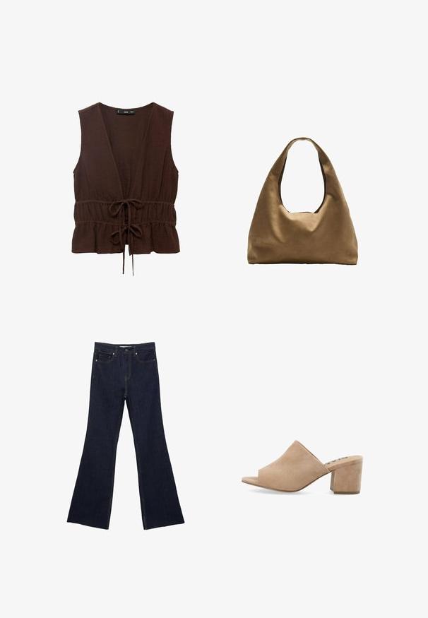 Brun, ærmeløs top lavet af tekstureret stof, med en dyb V-udskæring, indsnævret talje med en bindebånd, og en volangkant.; Mørkeblå denim flared jeans med en standard fem-lomme design og synlig syning. Stoffet har en glat tekstur med minimal falming.; Beige ruskinds mules med åben tå og blokhæl, der har en glat tekstur og et bredt overdelsdesign. Ingen synlig hardware eller mønstre.; Brun stof skuldertaske med en bred, rundet krop og et stort udsnit håndtag. Blød tekstur, minimalistisk design og ingen synlig hardware.