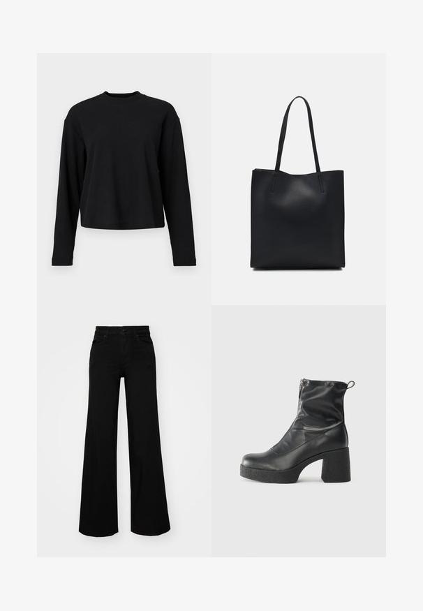 Black long-sleeve top, ribbed texture, round neckline, relaxed fit, and dropped shoulder seams. Simple design without patterns or graphics.; Black wide-leg pants made of denim, featuring a structured waistband, belt loops, and front pockets. Smooth texture with a classic design.; Black ankle boots made of smooth leather, featuring a side zipper, chunky textured heel, and rounded toe design.; Black leather tote bag with smooth texture, rectangular shape, and two long handles. No visible hardware or embellishments.