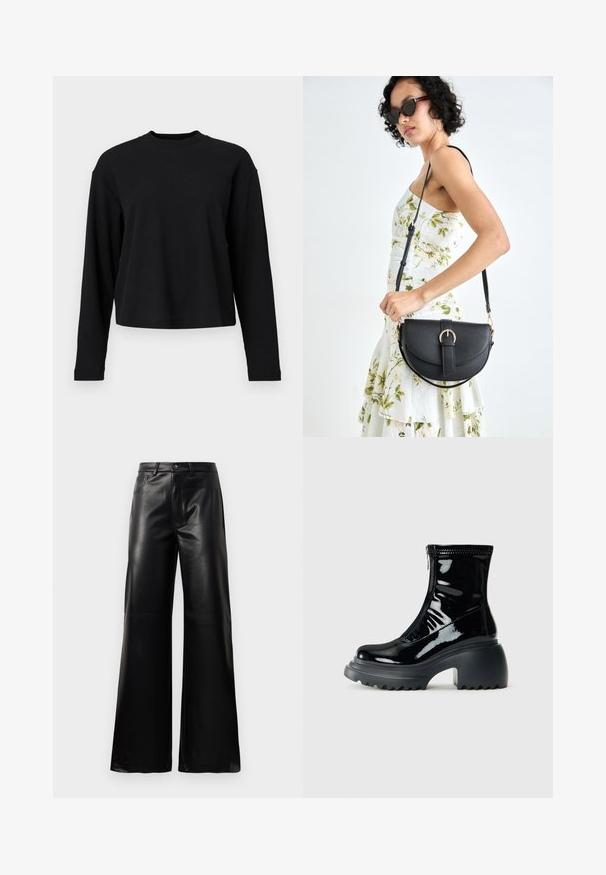 Fekete hosszú ujjú felső, bordázott textúrával, kerek nyakkivágással, laza fazonnal és süllyesztett vállvarrásokkal. Egyszerű design minta vagy grafika nélkül.; Fekete, magas derekú, széles lábú, műbőr nadrág elülső gombbal, cipzárral, övbújtatókkal és oldalsó zsebekkel, fehér háttérrel.; Fényes fekete platform bokacsizma lekerekített orral, tömzsi sarokkal, cipzáros záródással és vastag bordázott talppal, fehér háttér előtt.; Fekete bőrtáska ívelt formával, levehető pánttal és arany színű fémrészekkel. A táskán egy csattal díszített fedél található.