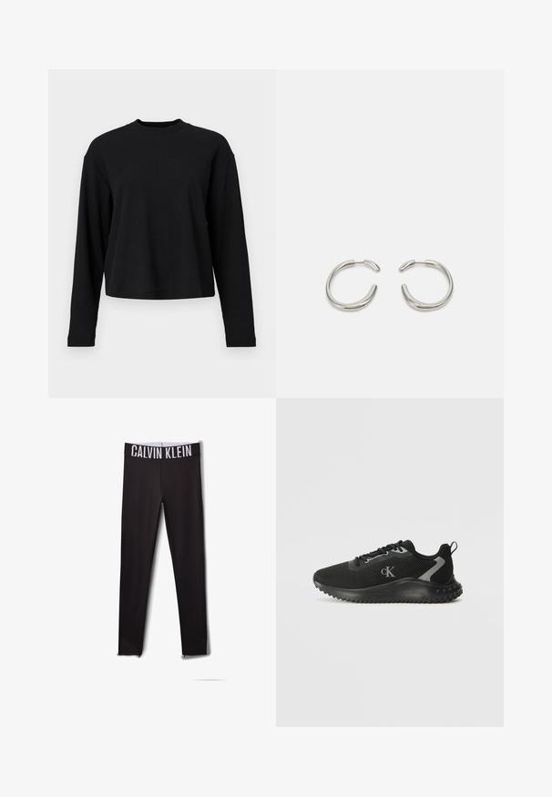 Juodas ilgomis rankovėmis marškinėlis, raukšlėta tekstūra, apvalus kaklas, laisvas siluetas ir nuleisti peties siūlai. Paprastas dizainas be raštų ar grafikų.; Juodos leggingai su baltu "CALVIN KLEIN" logotipu ant juosmens. Lygus audinys, prigludusi dizaino, su tinklinėmis detalėmis kulkšnyse.; Juodas žemas sportinis kedas su kvėpuojančia tinkleliu, raištelių uždarymu, tekstūruotu padu ir "cK" logotipu šone.; Sidabrinės auskarai žiedai su lygiu, suapvalintu dizainu ir blizgiu paviršiumi. Turi minimalistišką formą su nedideliu atidarymu.