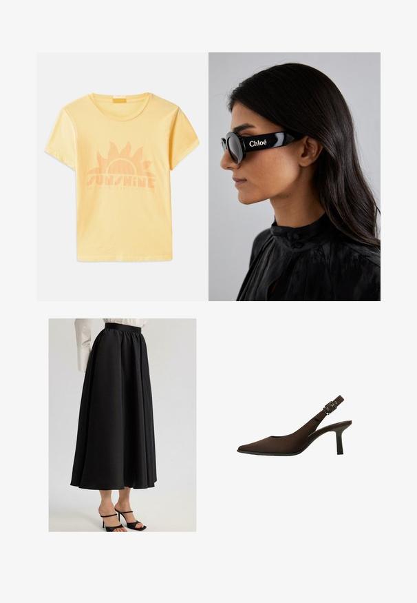 Yellow cotton t-shirt with a crew neckline and short sleeves featuring a sun graphic and "SUNSHINE STATE OF MIND" text in light orange.; Black maxi skirt made of smooth fabric, featuring a gathered waistband and flowing design, paired with black strappy heels.; Brown suede slingback pump with a pointed toe, sleek design, thin heel, and a buckle accent on the ankle strap.; Black sunglasses with round lenses and bold, angular frames featuring the brand "Chloé" in white on the side. Smooth, glossy finish.; Brown textured leather handbag with gold-tone hardware, top handle, and detachable shoulder strap. Features a front flap and logo detail.; Gold-tone rectangular wristwatch with a white dial, silver-tone hour markers, and a durable metal link bracelet. Water-resistant feature included.