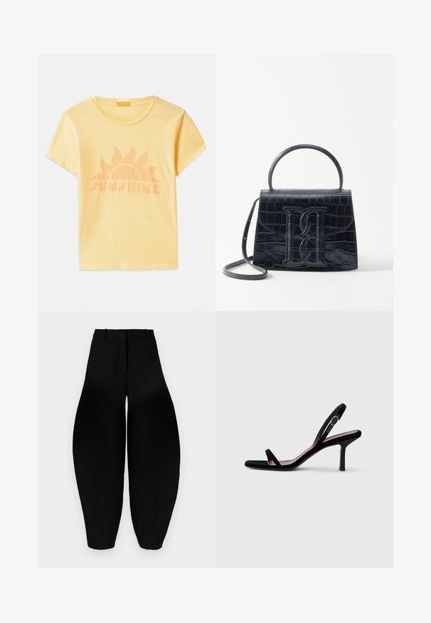 Žlté bavlnené tričko s kruhovým výstrihom a krátkymi rukávmi, na ktorom je grafika slnka a text "SUNSHINE STATE OF MIND" v svetlo oranžovej farbe.; Čierne široké nohavice s vysokým pásom, skladaným predným dielom a užšími členkami. Vyrobené z hladkej látky s matným povrchom.; Čierne semišové dámske sandále na vysokom opätku s tenkými popruhmi a zlatou prackou na bielom pozadí, bočný pohľad.; Čierna kabelka z krokodílovej embosovanej kože so štruktúrovaným dizajnom, horným uchom, nastaviteľným popruhom a výrazným predným logom.
