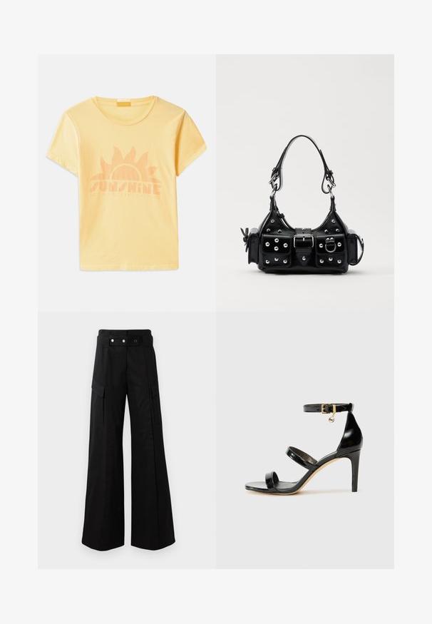 Yellow cotton t-shirt with a crew neckline and short sleeves featuring a sun graphic and "SUNSHINE STATE OF MIND" text in light orange.; Black wide-leg pants with a high waistband, featuring large side pockets, two front buttons, and a loop detail. Made from sturdy fabric.; Black patent leather sandal with three straps, ankle buckle, and 4-inch stiletto heel. Features gold hardware detail and logo charm.; Black leather handbag with a curved design, featuring silver studs, a buckle, and two side pockets. Adjustable strap for carrying options.