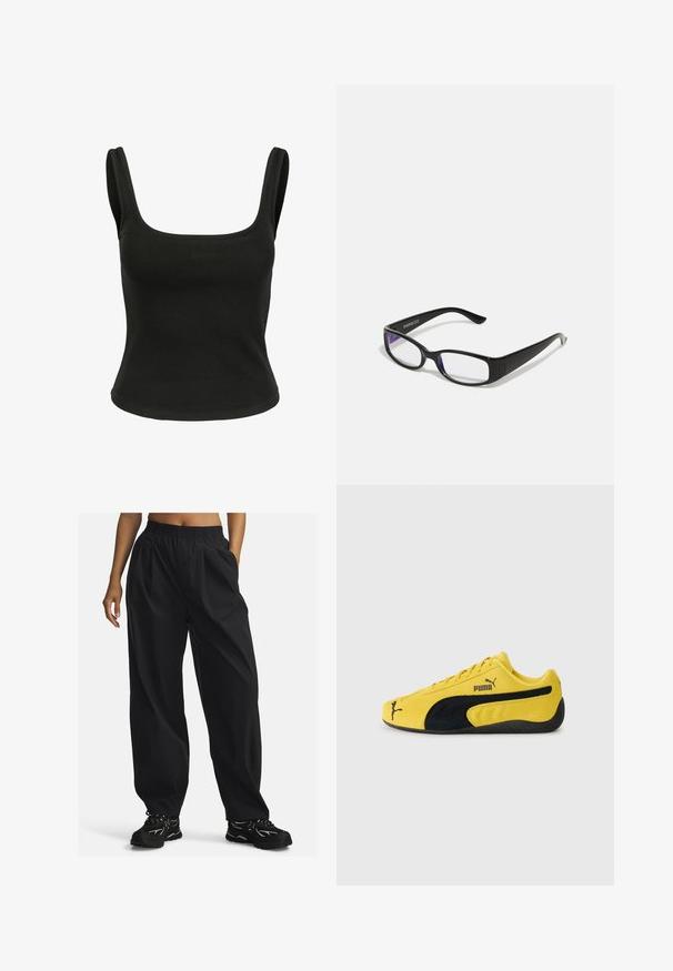 Top negro sin mangas con escote cuadrado. Fabricado con un tejido suave y elástico. Diseño ajustado sin patrones ni acentos visibles.; Pantalones negros de corte holgado, fabricados en tejido ligero con cinturilla elástica, que cuentan con bolsillos laterales y una textura suave.; Zapatillas de ante amarillas con acentos de ante negro. Presentan una suela texturizada, diseño de cordones y el logo de Puma en el costado y la lengüeta.; Gafas rectangulares negras con lentes transparentes. Acabado brillante, varillas estrechas y tinte púrpura visible en los bordes de los lentes.; Bolso de denim azul oscuro con forma redondeada, múltiples bolsillos exteriores, correa ajustable y detalles de metal plateado. Incluye un asa superior.