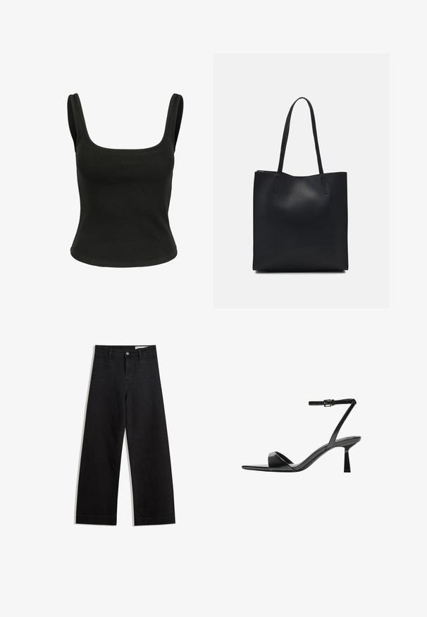 Svart ärmlös topp med fyrkantig halsringning. Tillverkad av mjukt, elastiskt tyg. Tight passform utan synliga mönster eller detaljer.; Svarta vida denimbyxor med hög midja, med fram- och bakfickor, sydda sömmar och knappstängning. Slät textur.; Bershka Sandaletter - black; Svart lädertoffelväska med slät textur, rektangulär form och två långa handtag. Ingen synlig hårdvara eller dekorationer.