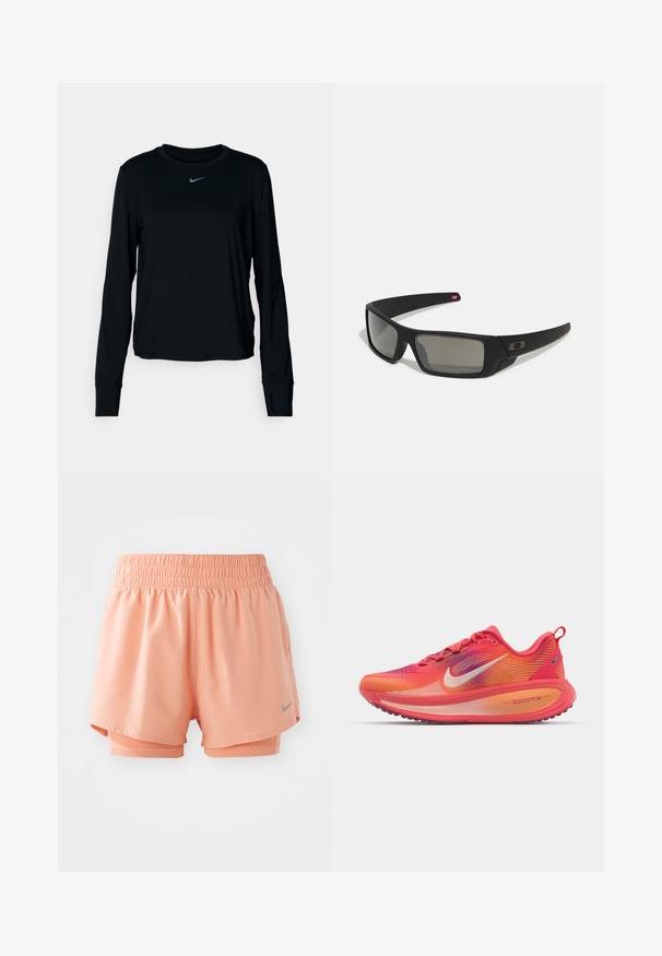 Fekete, hosszú ujjú Nike póló, kerek nyakkivágással, puha anyagból, normál illeszkedéssel és kis fényvisszaverő logóval a mellkason.; Rózsaszínű sportnadrág elasztikus derékrésszel, réteges kialakítással és szürke logóakkcentussal. Simább, könnyű anyagból készült.; Nike Performance VOMERO 18 SE - Utcai futócipők - ember glow/washed coral/sweet beet/marakesh; Fekete napszemüveg matt felülettel, téglalap alakú lencsékkel, enyhe ívvel a templomokon, diszkrét logó részlettel és füstszínű lencsékkel.
