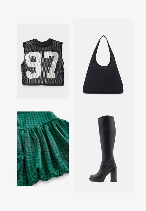 Čierny sieťovaný crop top s bezrukávovým dizajnom a veľkým bielym potlačeným číslom "97" na prednej strane. Textúrovaný, priedušný materiál.; Zelená karovaná látka má rôzne odtiene, zberanú textúru a volánový lem. Materiál vyzerá priedušne a ľahko.; Čierna čižma po kolená, hladký kožený materiál, robustný podpätok, zaoblená špička, textúrovaná podrážka s gripom, elegantný dizajn bez ozdôb.; Čierna látková taška s jedným širokým ramenným popruhom. Mäkký, polostruktúrovaný tvar a hladká textúra; minimalistický dizajn bez viditeľného kovania.