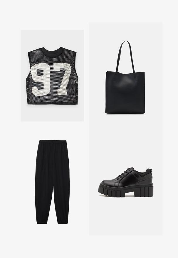 Crna mrežasta kratka majica bez rukava s velikim bijelim printanim brojem "97" sprijeda. Teksturirani, prozračni materijal.; Crne, lagane hlače s elastičnom stražnjom pasicom i naboranim gležnjevima. Tkanina je glatka i ima opušteni, suženi dizajn.; Crne kožne platforme s debelim blok-peta, okruglim prstima i klasičnim dizajnom vezanja. Imaju gladak tekstur i minimalne detalje.; Crna kožna torba za nošenje s glatkom teksturom, pravokutnim oblikom i dvije duge ručke. Nema vidljivih metalnih dijelova ili ukrasa.