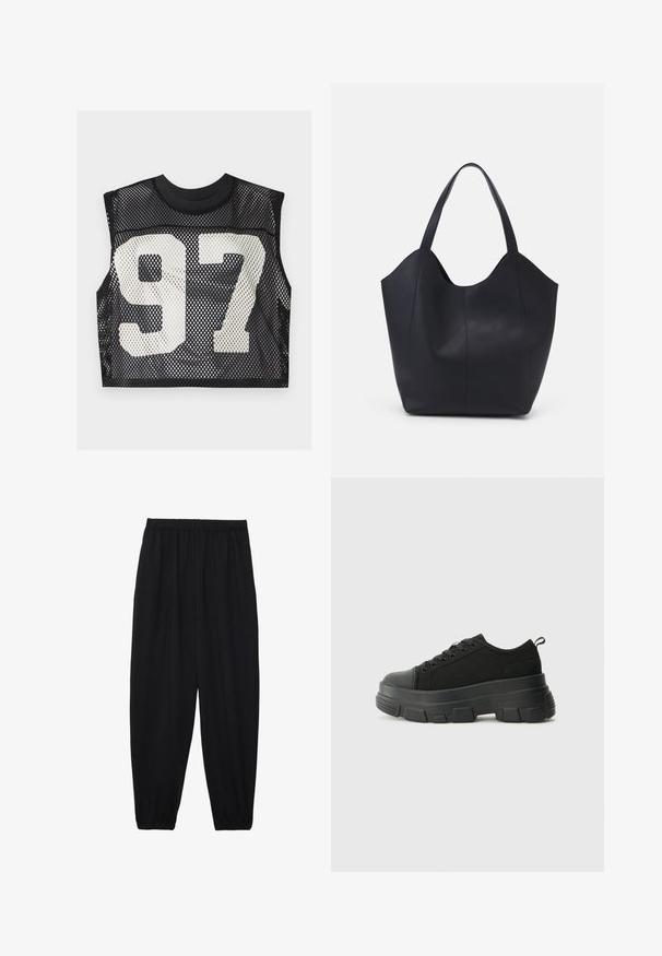 Mustapitsinen crop-top, jossa on hihaton malli ja suuri valkoinen numero "97" etuosassa. Karkaistu, hengittävä materiaali.; Mustat, kevyet housut, joissa on joustava vyötärö ja kerätyt nilkat. Kangas on sileä ja siinä on rento, kapeneva muotoilu.; Mustat urheilukengät, joissa on paksu kumipohja, teksturoitu kangasvarsi, pyöreä kärki ja nauhalukitus. Varusteena vahvistetut nauhareiät ja takana vetotanko.; Mustat kangaskassit, jotka on valmistettu sileästä nahasta, jossa on kaareva, avoin yläosa, kaksi olkahihnaa ja minimalistinen muotoilu.