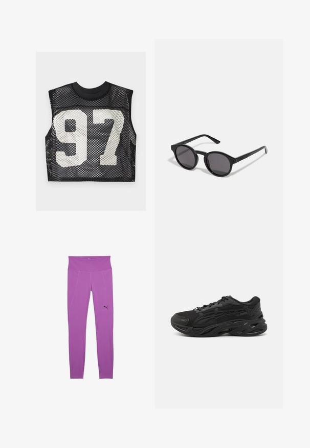 Top scurt din plasă neagră, cu un design fără mâneci și un număr mare imprimat în alb "97" pe față. Material texturat, respirabil.; Leggings atletice purpurii cu un talie lată, dotate cu cusături pe panouri și un logo negru în partea inferioară stângă. Textură netedă.; Pantofi sport negri din material textil și sintetic, cu un design texturat, vârf rotund, talpă groasă și logo-ul brandului bine evidențiat.; Ochelari de soare negri cu un cadru rotund, ușor ondulat, lentile întunecate și brațe negre drepte. Finisaj neted, lucios, fără modele vizibile.
