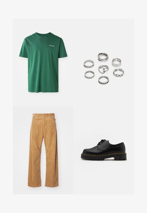 Grünes Baumwoll-T-Shirt mit rundem Ausschnitt, kurzen Ärmeln und einem kleinen weißen Columbia-Logo auf der Brust. Weicher Stoff, lässiges Design.; Corduroy-Hosen mit weitem Bein in einer beige Farbe. Mit strukturierten, vertikalen Rillen, einem Standardbund und zwei vorderen Taschen ausgestattet.; Schwarze Leder Schnürschuhe mit runder Spitze, strukturiertem Gummisohle und gelben Nähten um den Rand. Flaches Design und glatte Oberfläche.; Set aus sieben silbernen Ringen mit verschiedenen Designs, einschließlich verdrehter, verbundener und gravierter Muster. Unterschiedliche Formen und Breiten.