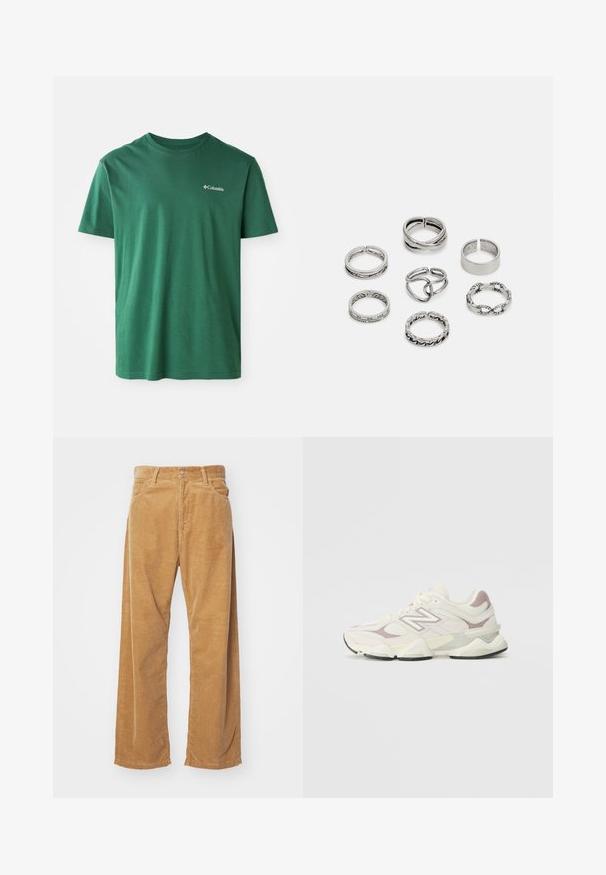 Roheline puuvillane T-särk, ümar kaelus, lühikesed varrukad ning rinnal väike valge Columbia logo. Pehme tekstuur, lõdva disainiga.; Karedžvõrkudega laiade jalgade püksid beežikas värvuses. Omab tekstuuriga vertikaalseid triibusid, tavalist vöökohta ja kahte esipoolt taskut.; Valge ja helehall sportlik toss, millel on võrk- ja sünteetiline ülemine osa, pehme krae, tekstuuriga detailid ja paks kummist tall.; Seitsme hõbesõrmuse komplekt, millel on erinevad kujundid, sealhulgas keerdunud, seotud ja graveeritud mustrid. Erinevad kujundid ja laius.