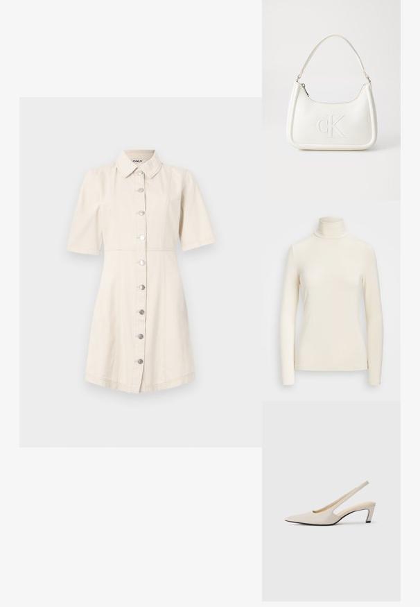 Hosszú ujjú, garbós felső puha, krémszínű anyagból. Feszes fazonú, magas gallérral és varrás nélküli ujjvégekkel rendelkezik.; Rövid ujjú, világos bézs farmerruha, galléros nyakkivágással, ezüstgombokkal és testhez álló fazonnal, amely a szegélyenél bővül.; Bézs bőrű, hegyes orrú slingback cipő, kivágott dizájnnal, 5 cm magas blokk sarokkal és sima textúrával. Fekete talppal kiemelve.; Fehér bőrtáska ívelt formájú, elöl feltűnő "CK" logóval, egyetlen vállpánttal. Cipzáras zárás a tetején.
