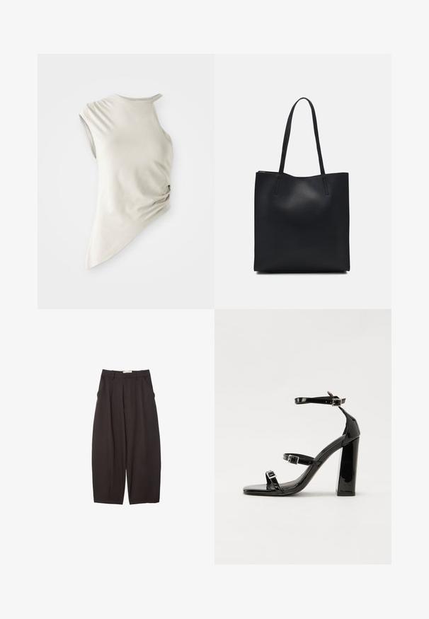 Epäsymmetrinen ilman hihoja oleva paita vaaleanbeigeissä kankaissa, jossa on pyöreä pääntie ja kerätty yksityiskohta sivulla tekstuuria varten.; Mustat leveälahkeiset housut, jotka on valmistettu sileästä kankaasta. Niissä on korkea vyötärö, etupleatsit ja sivutaskut. Yksinkertainen muotoilu ilman koristeita.; Musta kiiltävä korkokenkä sandaalit neliönmuotoisella varpaalla, nilkkaremmillä ja hopeisilla soljilla. Varustettu tukevalla lohkokorkealla vakauden takaamiseksi.; Mustapahkainen kangaskassi, jossa on sileä pinta, suorakaiteen muotoinen ja kaksi pitkää kahvaa. Ei näkyvää metalliosaa tai koristeita.