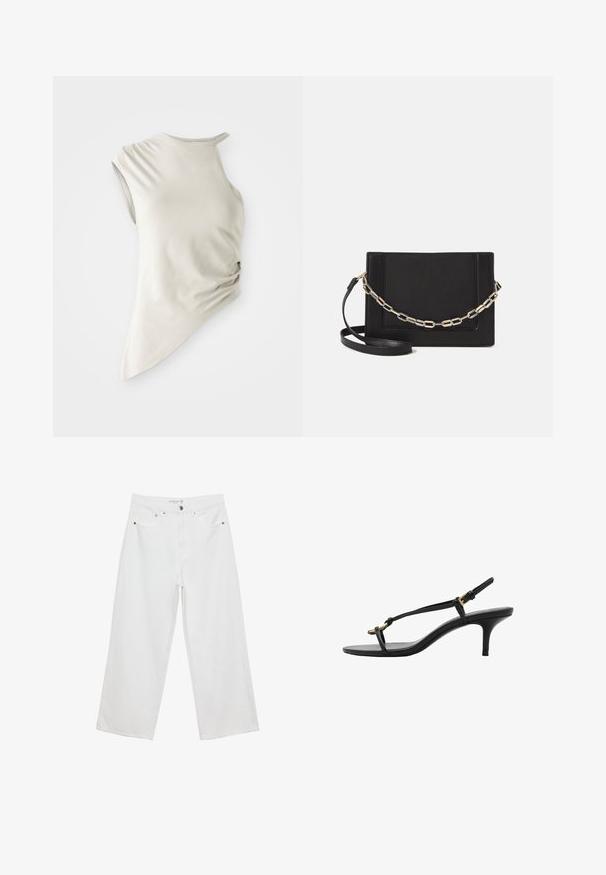 Asimetrična bezrukavna majica od svijetlo bež tkanine, s izrezom u obliku žlice i naboranim detaljem sa strane za teksturu.; Bijele široke traperice s visokim strukom, s pet džepova i metalnim detaljima. Glatka tekstura, bez vidljivih uzoraka.; Crne kožne sandale s kitten heel potpeticama, tankim trakama, zlatnom kopčom i minimalističkom petom za prste, na bijeloj pozadini.; Crna kožna torba preko tijela s glatkom teksturom, pravokutnim oblikom i metalnim lancem na prednjoj strani. Uključena je podesiva naramenica.