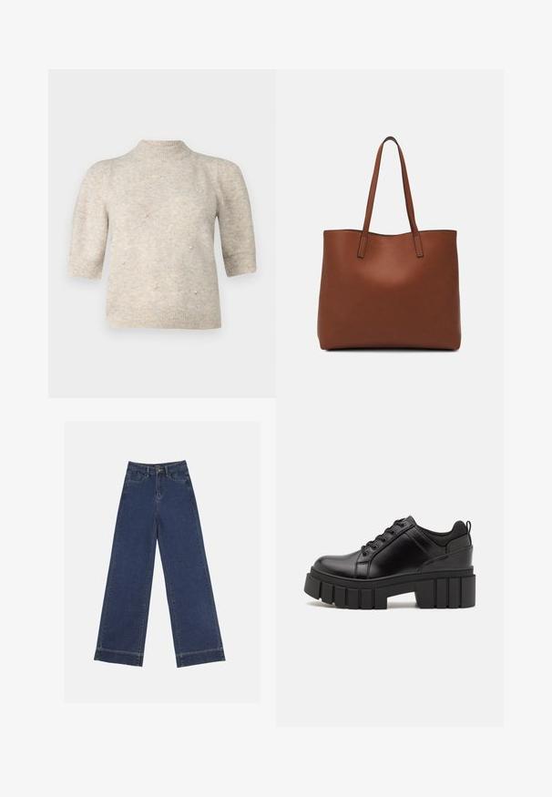 Lyhythihainen, korkeakauluksinen neule pehmeästä, vaaleasta beige-langasta, jossa on pieniä helmiä etuosassa ja resorit hihansuissa ja helmassa.; Vyötäröltä leveät farkut tummansinisestä denimmateriaalista. Varustettu viidellä taskulla, vyölenkeillä ja näkyvillä sauman yksityiskohdilla. Raaka helma alareunassa.; Mustat nahkakengät, joissa on lättihenkinen korko, pyöreä kärki ja perinteinen nauhakiinnitys. Ominaisuuksiin kuuluu sileä pintakuvio ja minimaalinen yksityiskohtaisuus.; Ruskea nahkainen olkalaukku, jossa on sileä pinta, avoin yläosa ja kaksi olkahihnaa. Omaavat vain minimaalisen ompelun eikä näkyvää metalliosaa.