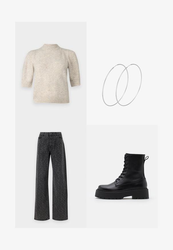Kortärmad, höghalshuvtröja i en mjuk, ljusbeige stickning, med små pärldetaljer över framsidan samt ribbade ärmslut och nederkant.; Noisy May NMJANNEL LOOSE - Jeans relaxed fit - black denim; Svarta läderankelboots med rund tå, snörning framtill och en tjock gummisula med strukturerat mönster. Dragflik bak.; Silverfärgade hoopörhängen med en minimalistisk design. Cirkulär form, slät yta och tunn profil. Lätta med en polerad finish.