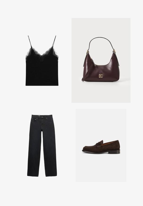 Černá tílko s krajkovým lemem, s tenkými nastavitelnými ramínky. Měkká tkanina s hladkou strukturou a přiléhavým střihem.; Černé džíny s širokými nohavicemi vyrobené z denimu, s pěti kapsami, zapínáním na knoflík, diskrétním šitím a rovného střihu od pasu ke spodnímu okraji.; Hnědé semišové mokasíny s kulatou špičkou, prošívanými detaily a malou dekorativní ozdobou na pásku. Možnost s plochým podpatkem.; Burgundské kožené kabelka s zakřiveným tvarem, zlaté detaily na kovových prvcích a zipovým uzávěrem. Obsahuje odnímatelný ramenní popruh.