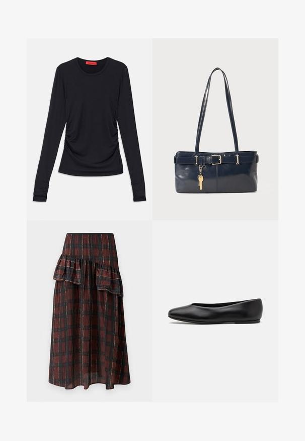 Sort langærmet top med rund halsudskæring, der har ruching detaljer på siderne og tætsiddende manchetter. Fremstillet af et glat, blødt stof.; Maxikjole i mørkerød og sort ternet mønster, med lagdelte flæser i livet, lavet af letvægtsstof med en blød tekstur.; Paul Smith TOPANGA - Ballerinasko - black; Mørkeblå læderhåndtaske med to lange håndtag, en spænde detaljer og en nøglering vedhæftet. Den har en glat tekstur og en rektangulær form.