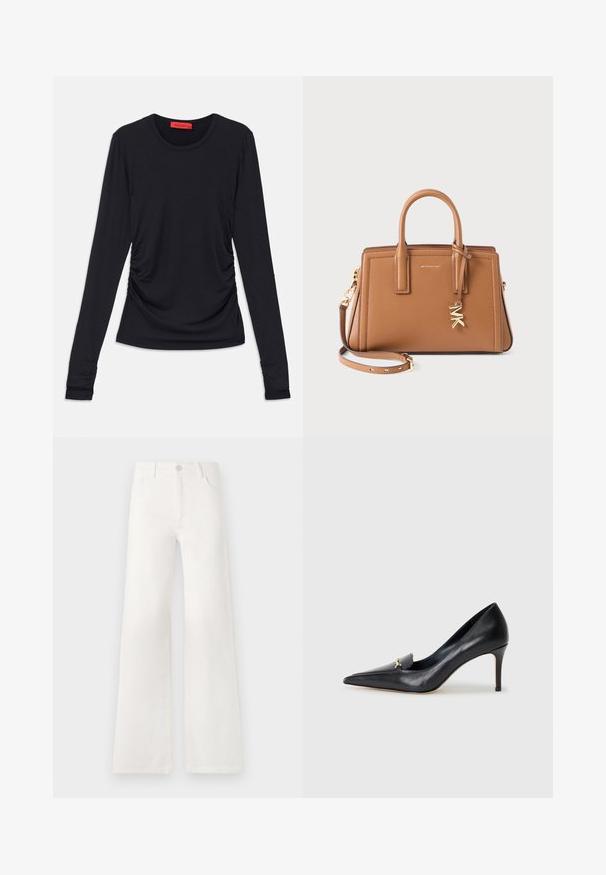 Sort langærmet top med rund halsudskæring, der har ruching detaljer på siderne og tætsiddende manchetter. Fremstillet af et glat, blødt stof.; Hvide, højtaljede bukser med bred ben lavet af denim. Har en knaplukning, to forlommer og sidesømme med syningsdetaljer.; Sorte læderpumps med spids tå, lav udskæring og dekorativ guldaccent. Har en stiletthæl og glat tekstur.; Brun læderhåndtaske med dobbelte håndtag, aftagelig rem, guldfarvet "MK" charme og Michael Kors-logo foran.