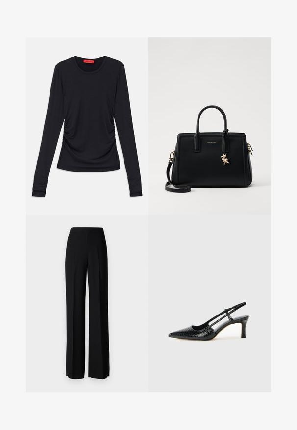 Čierny dlhý rukáv top s okrúhlym výstrihom, s riasením po stranách a priliehavými manžetami. Vyrobený z hladkej, jemnej tkaniny.; Čierne široké nohavice s hladkým povrchom, s vysokým pásom a stredovými skladmi. Žiadne viditeľné vzory ani hardvérové detaily.; Čierne patentové slingback topánky na ihlovom podpätku s špicatou špičkou, s textúrovaným hadím vzorom, nastaviteľným popruhom a krátkym, textúrovaným blokovým podpätkom.; Čierna kožená kabelka so štruktúrovaným dizajnom, dvojitými hornými uchami, odnímateľným ramenným popruhom, zlatými kovovými detailmi a akcentom logového prívesku.