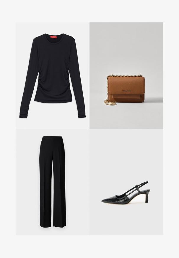 Čierny dlhý rukáv top s okrúhlym výstrihom, s riasením po stranách a priliehavými manžetami. Vyrobený z hladkej, jemnej tkaniny.; Čierne široké nohavice s hladkým povrchom, s vysokým pásom a stredovými skladmi. Žiadne viditeľné vzory ani hardvérové detaily.; Čierne patentové slingback topánky na ihlovom podpätku s špicatou špičkou, s textúrovaným hadím vzorom, nastaviteľným popruhom a krátkym, textúrovaným blokovým podpätkom.; Hnedá textúrovaná kožená taška cez telo s zlatým reťazovým popruhom a preklopným uzáverom. Predná strana obsahuje detail s logom a vrecko pod preklopkou.
