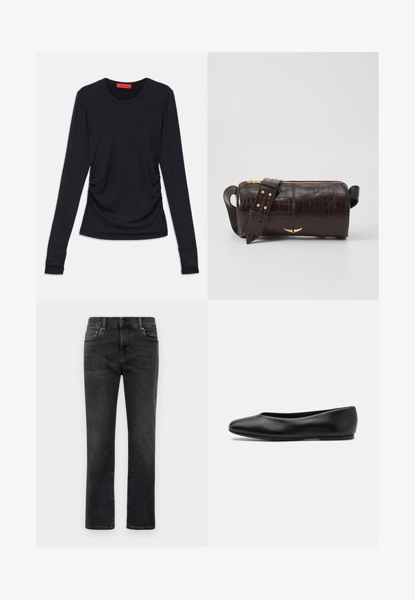 Sort langærmet top med rund halsudskæring, der har ruching detaljer på siderne og tætsiddende manchetter. Fremstillet af et glat, blødt stof.; Mænds lige ben sorte udvasket jeans med frontknap og fem-lommers design på hvid baggrund.; Paul Smith TOPANGA - Ballerinasko - black; Brun krokodilleder taske med cylindrisk form, hardware i guld-tone, og en aftagelig rem med nitter.