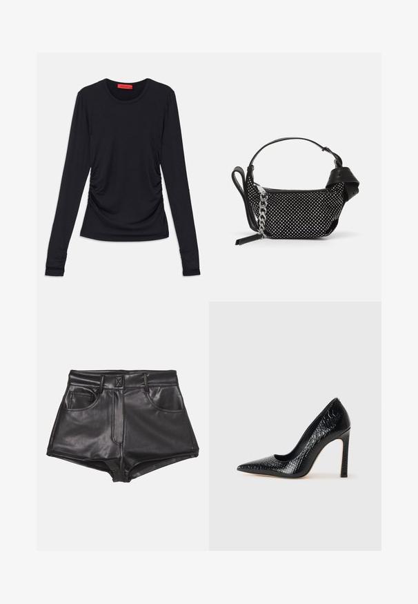 Sort langærmet top med rund halsudskæring, der har ruching detaljer på siderne og tætsiddende manchetter. Fremstillet af et glat, blødt stof.; Sorte faux læder shorts med høj talje, der har to frontlommer, synlige sømme og en glat overflade.; Sorte spidse tå stiletto-sko i krokodilleskind med et strømlinet design, høj hæl og glat sort inderside.; Sort håndtaske med naglede dekorationer, en kædestrop og et glat læderhåndtag, med en rund form og en lynlåslomme.