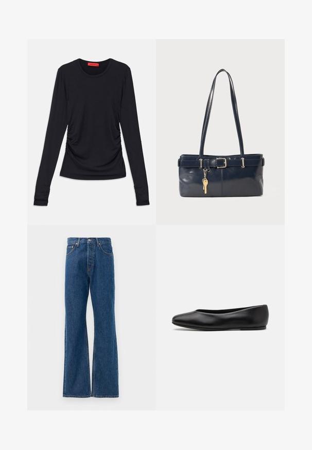 Musta pitkähihaisuus paita pyöreällä kaula-aukolla, jossa on rypytystiedot sivuilla ja istuvat hihansuut. Valmistettu sileästä, pehmeästä kankaasta.; Siniset farkkujen leveälahkeiset housut, joissa on korkea vyötärö, viisi taskua, hopeinen napitus ja näkyvät tikkauskoristeet.; Paul Smith TOPANGA - Ballerinat - black; La handbagin sininen nahka, jossa on kaksi pitkää kahvaa, Buckle-yksityiskohta ja avaimenperä kiinnitettynä. Sen pinta on sileä ja muoto on suorakulmainen.