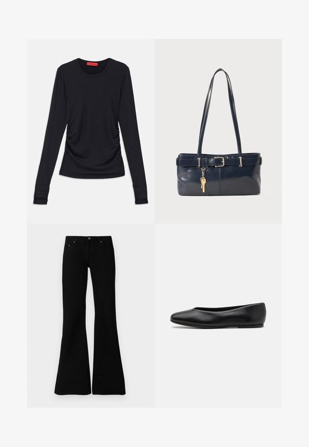 Črna dolga majica z dolgimi rokavi in okroglo izrezom, z nabranimi podrobnostmi ob straneh in prilagojenimi manšetami. Narejena iz gladkega, mehkega materiala.; Črne razširjene kavbojke iz denima, ki vključujejo klasično zasnovo s petimi žepi, zapiranje na gumb in diskretne šive ob šivih.; Paul Smith TOPANGA - Balerinke - black; Mornarska usnjena torbica z dvema dolgima ročajema, dodatkom z zaponko in pritrjeno ključavnico. Ima gladko teksturo in pravokotno obliko.