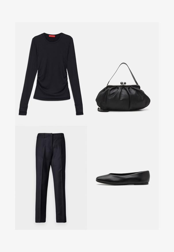 Black long-sleeve top with a round neckline, featuring ruching detail on the sides and fitted cuffs. Made from a smooth, soft fabric.; Navy tailored trousers with a smooth texture, featuring a flat front, dual pleats, and belt loops. Straight-leg cut, finished hem.; Paul Smith TOPANGA - Ballet pumps - black; Black leather handbag with a rounded, pleated design. Features a metallic clasp with two decorative balls and a slim, detachable strap.