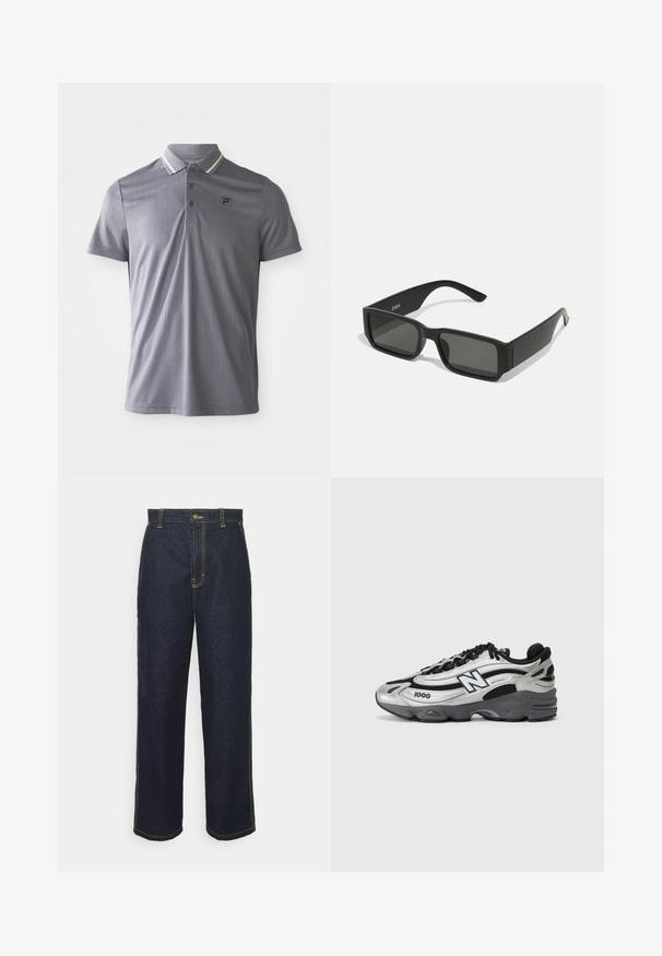 Īsām piedurknēm pelēks polo krekls ar zīmīgu vertikālu svītru rakstu, trīs pogu aizdari un logo uz kreisā krūtī, apkakle ar gaišām svītru akcentiem.; Platas kājas tumšas džinsa bikses ar dzelteno diegu, ar priekšējo pogu aizdari un sānu kabatām. Gluda tekstūra un tradicionāls dizains.; Sudraba un melni sporta apavi ar acs auduma augšdaļu, mīkstinātu zoli, auklu dizainu un sānu zīmola detalizāciju.; Melnas saulesbrilles ar taisnstūra lēcām, matēta plastmasas rāmja un taisnām malām. Uz iekšējās rokas ir zīmola logo.