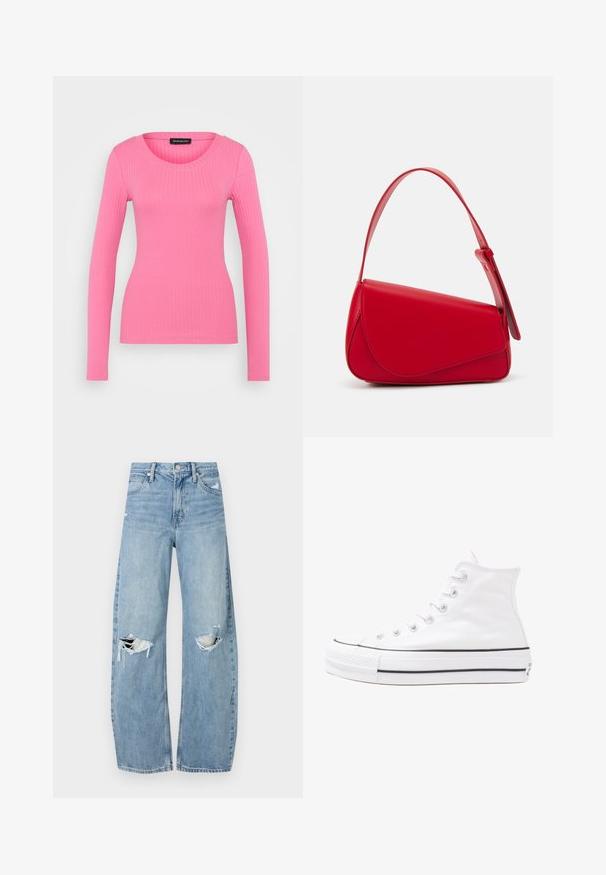 Long-sleeve, ribbed top in bright pink with a rounded neckline and slim fit. Made from stretchy fabric for comfortable wear.; Light blue, high-waisted jeans made of denim. Feature wide legs, two torn knee areas, and classic five-pocket styling.; White high-top canvas sneaker with black rubber sole, front rubber toe cap, and six eyelets for laces, featuring a clean, minimalist design.; Red leather handbag with an angular, geometric design. Features a single adjustable strap and a flap closure with stitched detailing.