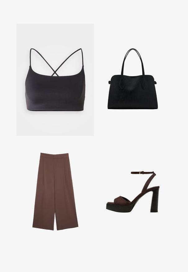 Črna bralette z gladko teksturo, s tankimi naramnicami, ki se križajo na hrbtu za minimalističen dizajn.; Rjave široke hlače z gladko teksturo, ki imajo visok pas in sprednje naborke. Tkanina je lahka in prosto pada.; Rjave semiš sandale z visoko peto, odprto spredaj, z nastavljivim gležnjenjem in črtastim podplatom.; Črna usnjena torbica z dvema naramnima trakoma, pravokotne oblike in minimalističnim dizajnom na beli podlagi.