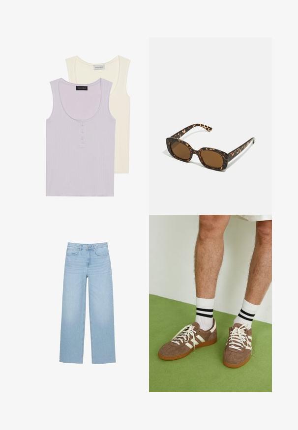 Zwei Tanktops: eines in hellem Lavendel mit gerippter Textur und Knopfdetails, und eines in Creme mit ähnlichem Design. Beide haben einen runden Ausschnitt.; Helle blaue weite Jeans aus Denim, mit hoher Taille, geradem Schnitt und Fünf-Taschen-Design sowie einem sauberen Saum.; Braune Wildleder-Sneaker mit weißen Akzenten und Schnürsenkeln. Gummisohle in Kautschuk-Optik. Getragen mit weißen Socken, die schwarze Streifen haben. Grüner strukturierter Fußboden.; Schildpatt-Sonnenbrille mit einem runden, klobigen Rahmen und braunen Gläsern. Verfügt über dezente Muster und gerade, zulaufende Bügel.; Zign LEATHER - Shopping Bag - light brown