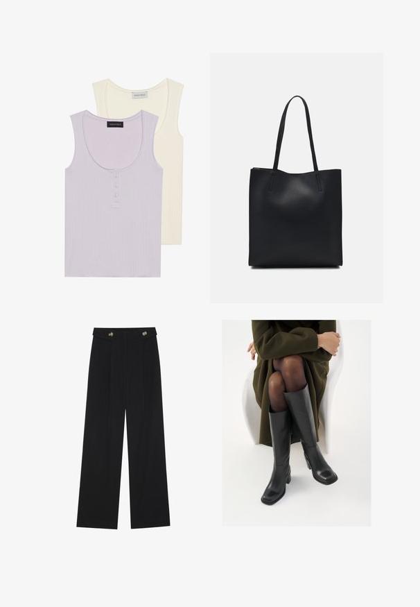 Două topuri fără mâneci: unul de culoare lavandă deschisă cu textură cu benzi și detalii cu nasturi, iar celălalt de culoare crem cu un design similar. Ambele au gaturi rotunde.; Pantaloni negri cu picioare largi, talie înaltă, detalii cu butoane pe talie și pliseuri în față.; Cizme din piele neagră, până la genunchi, cu vârf pătrat și toc bloc, prezentate pe un model așezat într-o haină verde măsline. Textură netedă, detalii minime.; Geantă tote neagră din piele, cu textură netedă, formă rectangulară și două mânere lungi. Fără hardware vizibil sau ornamente.
