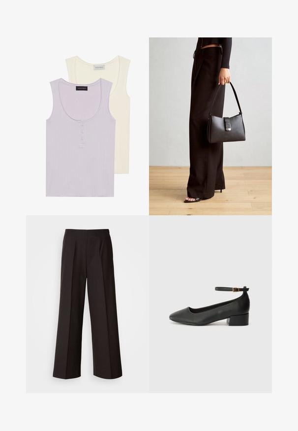 To tank topper: en i lys lavendel med ribbestruktur og knappedetalj, og en i kremfarge med lignende design. Begge har rund hals.; Sorte vidde bukser med flat front, folder og en glatt tekstur. Har høy midje og skreddersydd snitt for en strukturert passform.; Sorte skinnpumper med spiss tå og lav blokkhelt. Har ankelrem med gullfarget spenne. Glatt tekstur.; Svart håndveske med strukturert form, jevn tekstur og metallisk lås. Kombinert med brede svarte bukser og sandaler med åpen tå på tregulv.