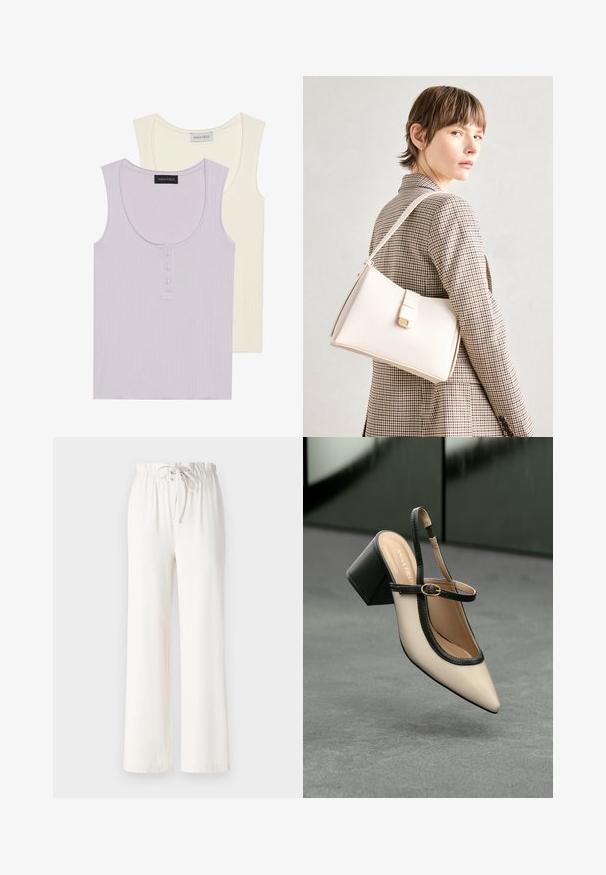 Deux débardeurs : l'un en lavande clair avec une texture côtelée et un détail de bouton, et l'autre en crème avec un design similaire. Les deux ont des encolures rondes.; Pantalon large blanc en tissu doux, avec une taille à cordon de serrage et une texture lisse. Aucun motif ni embellissement visible.; Escarpin beige à bout pointu et bride arrière, avec des finitions noires, une boucle dorée et un talon bloc épais, posé sur un sol gris avec un fond vert foncé.; Sac à main en cuir blanc au design structuré, doté d'un fermoir magnétique et d'une bandoulière, présenté sur un fond neutre.