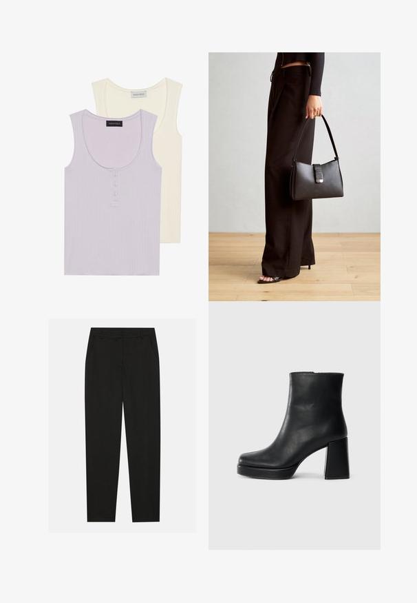Twee tanktops: één in licht lavendel met ribbeltextuur en knoopdetails, en één in crème met een vergelijkbaar ontwerp. Beide hebben ronde halslijnen.; Zwarte broek met een tailormade ontwerp, voorzien van zijzakken en een rechte pijp. Gemaakt van een soepele, lichte stof met een strakke afwerking.; Zwarte leren enkelboot met een blokhak en platformzool, zijaanzicht op een effen witte achtergrond.; Zwarte handtas met gestructureerde vorm, gladde textuur en een metalen sluiting. Gecombineerd met brede zwarte broeken en sandalen met open teen op een houten vloer.