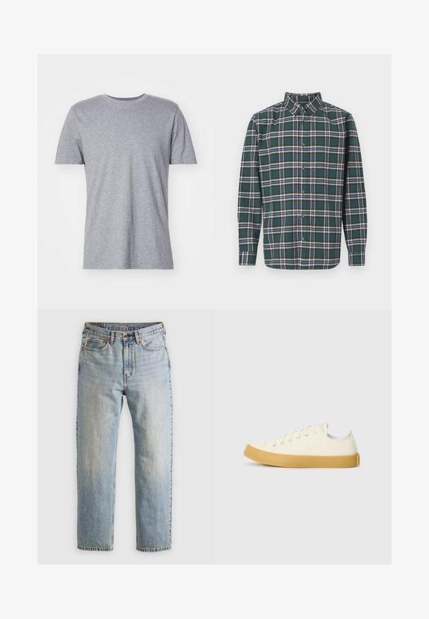 Šedé, krátke tričko s krátkymi rukávmi vyrobené z bavlnenej zmesi, s klasickým okrúhlym výstrihom a hladkou, jemnou textúrou.; Zelená flanelová košeľa s károvaným vzorom, ktorá obsahuje modré, biele a horčicovo žlté pruhy. Zapínanie na gombíky vpredu a špičatý golier. Dlhé rukávy.; Svetlomodré džínsy s vysokým pásom, predným gombíkom, zipsom a dizajnom s piatimi vreckami, rozložené na neutrálnom pozadí.; Plátne tenisky v off-white farbe s okrúhlym špičkou, s béžovými gumovými podrážkami a piatimi dierkami na šnúrky, textúrovaný povrch na hornej časti.