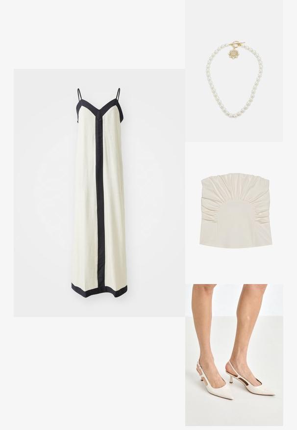 Top de color crema con tela fruncida, que presenta un escote redondo y una textura suave. El diseño incluye pliegues a lo largo de los bordes.; Vestido maxi sin mangas en crema con un escote en V profundo y ribetes negros a lo largo de los bordes y el frente. Hecho de una tela ligera.; Tacones slingback de charol beige con punta afilada y un tacón de 5 cm, con lados recortados y una delgada correa en el tobillo.; Bolso floral blanco con superficie de tela fruncida, correa de cadena en tono dorado y cierre de metal. Presenta pétalos texturizados para un detalle adicional.; Lauren Ralph Lauren COLLAR - Collar - gold-coloured/white