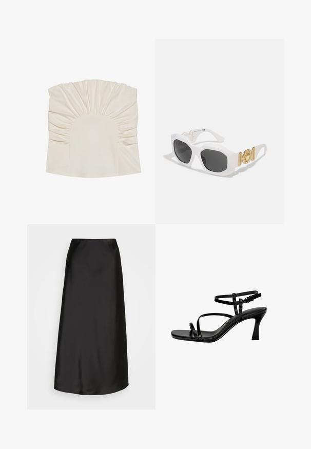 Top color crema con tessuto arricciato, caratterizzato da un collo rotondo e una texture liscia. Il design include plissettature lungo i bordi.; Gonna midi nera in satin con una texture liscia, forma a linea A e una leggerissima lucentezza. Presenta un design elegante e semplice, senza decorazioni.; Sandali con tacchi in pelle nera, caratterizzati da sottili cinturini, punta quadrata e tacco a stiletto. Cinturino alla caviglia regolabile per una vestibilità perfetta. Texture liscia.; Occhiali da sole bianchi a forma ottagonale con lenti scure. Presentano dettagli in ottone dorato e un design testurizzato sulle aste.; Borsa a spalla nera in materiale sintetico con silhouette curvilinea, finitura testurizzata, logo triangolare dorato e dettagli in metallo removibili.