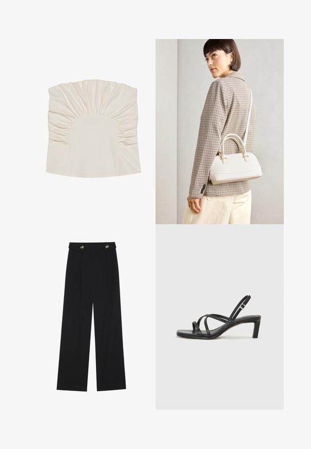 Kremkrāsas tops ar sarauktu audumu, ar noapaļotu kakla izgriezumu un gludu tekstūru. Dizainā iekļautas krokas gar malām.; Melnas platās bikses ar augstu jostasvietu, pogu detaļām uz jostas un priekšējām krokām.; Melnas strappy sandales ar kvadrātveida purngaliem un zemu bloku papēdi. Ievērojamas ar vairākiem plāniem siksniņām un regulējamu potītes siksniņu. Izgatavotas no gludas ādas.; Balta strukturēta roku soma ar īsām rokturiem un plecu siksnu, ar zelta aparatūras akcentiem un strukturētu materiālu, izstādīta uz pelēka fona.