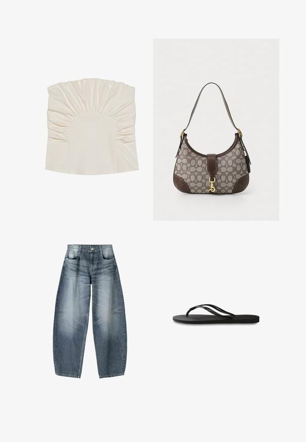 Cream-colored top with gathered fabric, featuring a rounded neckline and smooth texture. The design includes pleats along the edges.; Wide-leg jeans made of light blue denim with fading, featuring a five-pocket design, button fly, and minimal stitching details.; Black flip-flop featuring a textured rubber sole, two slender straps, and a subtle, embossed logo detail on the strap.; COACH HAMPTONS HOBO BAG IN SIGNATURE JACQUARD - Handbag - oak maple