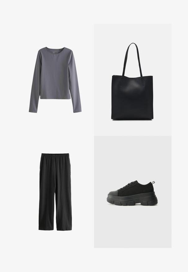 Siva duga majica s dugim rukavima, izrađena od glatkog materijala; ima okrugli izrez i ravni, blago opušteni kroj bez vidljivih uzoraka ili detalja.; Crne hlače do koljena izrađene od lagane tkanine. Elastična pojasnica i glatka tekstura s ravnim krojem. Nema vidljivih detalja ili uzoraka.; Crne tenisice s debelim gumenenim potplatom, teksturiranim gornjim dijelom od tkanine, okruglim vrhom i dizajnom s vezicama. Imaju pojačane rupice za vezice i dodatak za povlačenje straga.; Crna kožna torba za nošenje s glatkom teksturom, pravokutnim oblikom i dvije duge ručke. Nema vidljivih metalnih dijelova ili ukrasa.