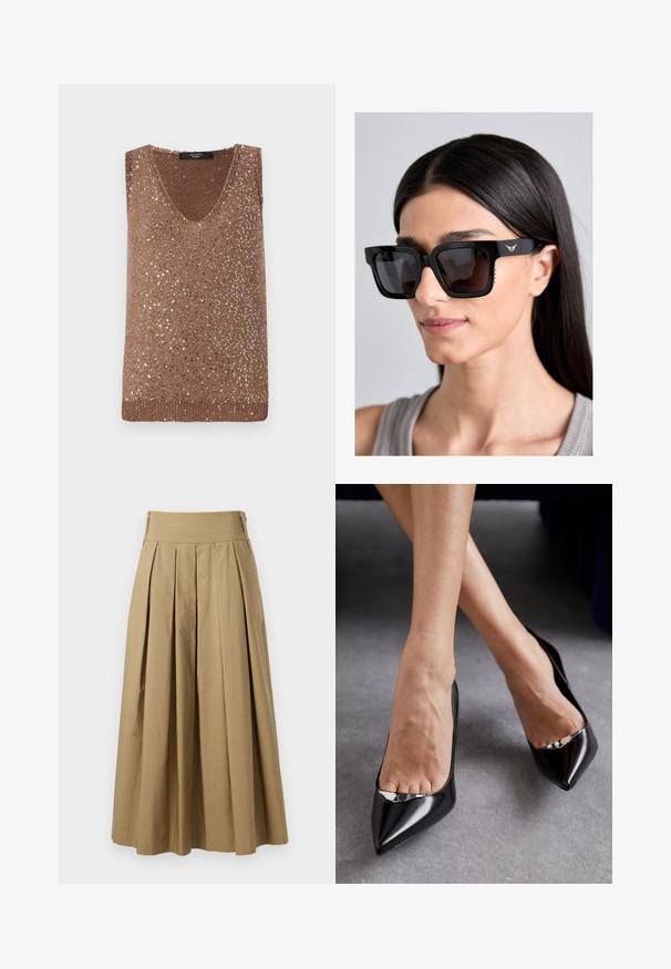 Brūns adīts bezpiedurkņu tops ar V veida izgriezumu, ar izkliedētām metalizētām pērlītēm, piešķirot tekstūru un vizuālu interesi.; Sarkanā plīvēta svārki ar augstu jostasvietu, izgatavoti no kokvilnas. Piedāvā plūstošu dizainu un apakšmalu ar smalkiem šuvuma elementiem.; Melnas ādas augstpapēžu kurpes ar izteiktu purngalu un atveramu dizainu, kas papildināts ar dekoratīvu sudraba akcentu. Gluda tekstūra ar pulētu apdari.; Melnas lielizmēra saulesbrilles ar kvadrātveida rāmjiem, tumšām lēcām un smalku spārnu logotipa detaļu uz kājiņas. Sānos ir fakturēti akcenti.; Melna krokodilā ādas raksta rokassoma ar sudraba detaļām, turēta pretī tekstūrētai pelēkai fona. Iespējo spīdīgu virsmu.