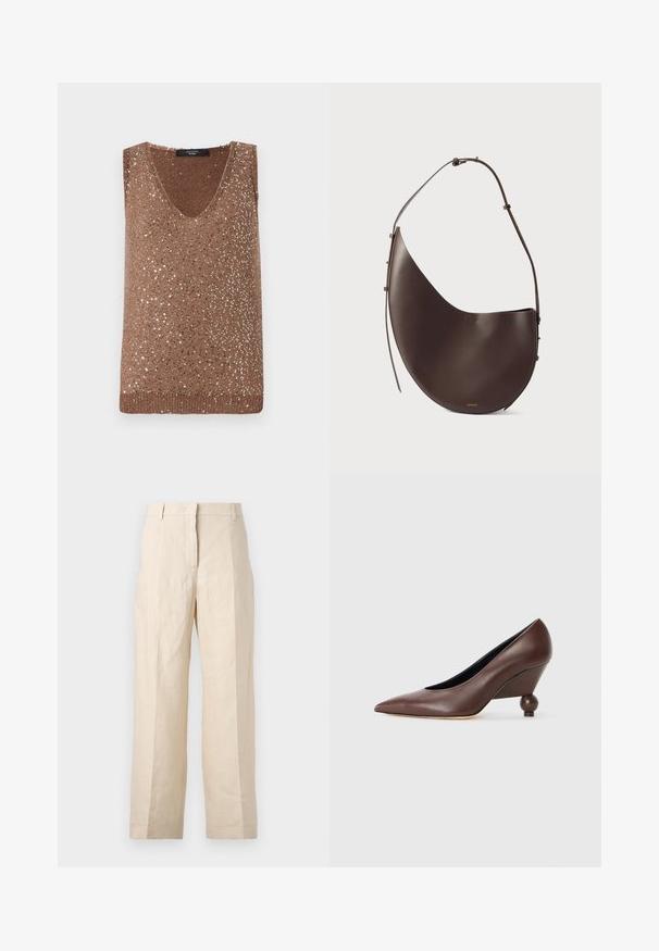 Brown knit sleeveless top with a V-neck, featuring scattered metallic sequins for texture and visual interest.; Beige linen trousers with a loose fit, pleated front, and straight legs. Features a waistband with belt loops and no visible pockets.; Brown leather wedge pump with a pointed toe and a rounded, ball-shaped heel. Smooth texture with a simple design and minimal accents.; Brown leather handbag with a curved shape, single strap, and minimalistic design. Features a subtle logo and gold hardware accents.