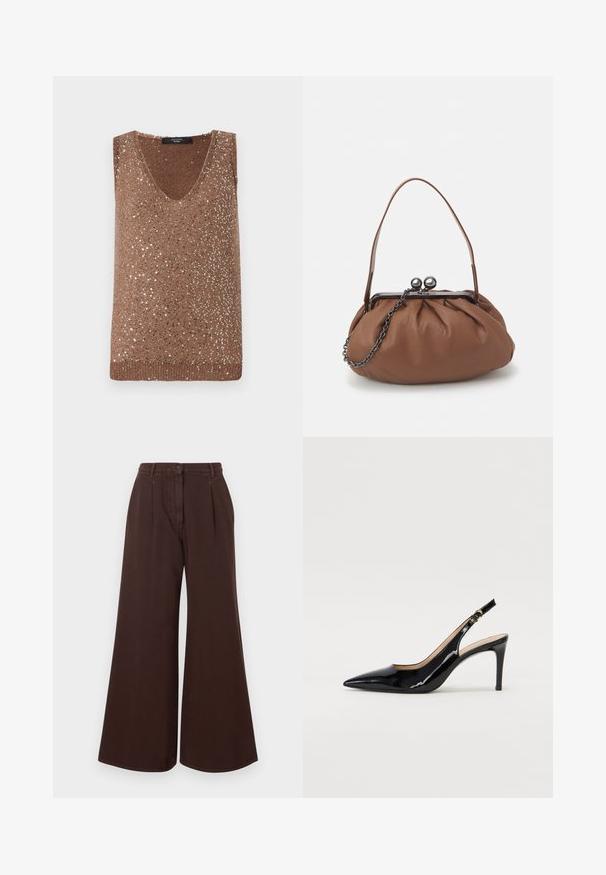 Barna kötött ujjatlan felső, V-kivágással, amelyet szórt fémes flitterek díszítenek a textúra és a vizuális érdekesség érdekében.; Magas derekú, bő szárú barna nadrág gombos és cipzáras záródással, övhurkokkal és elülső pliszékkel.; Fekete lakk bőr kötött magassarkú cipő, hegyes orral és karcsú sarokkal, finom kivágásos dizájnnal. Az övön arany csatt található.; Barna bőr kézitáska, ráncolt dizájnnal, rövid bőr fogantyúval és lánc pánttal. Ezüst fém zárja két kerek díszítéssel rendelkezik.