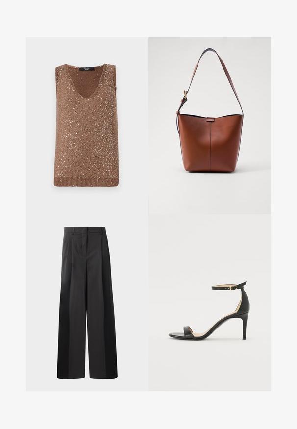 Smeđi pleteni bez rukava s V-izrezom, ukrašen raspršenim metalnim sjajnim detaljima za dodatnu teksturu i vizualnu zanimljivost.; Crne široke hlače s visokim strukom, s prednjim nabranim detaljima, glatkom teksturom i krojenim završetkom. Dizajnirane za opušteni kroj.; Crne kožne sandale na visokom potpeticu s remenom oko gležnja. Imaju glatku teksturu, otvoreni prst i tanku potpeticu. Detalj s kopčom u zlatnoj boji.; Smeđa kožna torba za rame s zakrivljenim oblikom, glatkom teksturom i jednom tankom trakicom. Ima suptilan šav i mali detalj s logotipom.